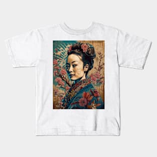 Vintage Rose Blossoms Japanese Woodblock Maple Streetwear Hipster Asian Inspired Retro Manga Samurai Aquilegia Kids T-Shirt